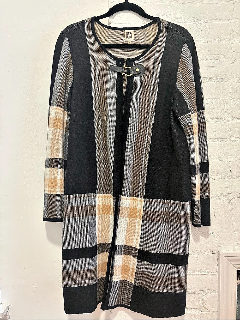 Anne Klein Long Plaid Open-Front Cardigan Sweater with Buckle Closure